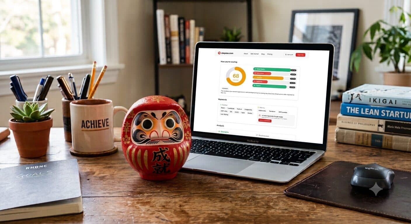 atspass.com ATS compatibility report on a laptop showing a 68/100 score with category breakdown, matched and missing keywords, and resume rewrite suggestions